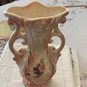 CW-X Pink and Cream Ornate Floral Ceramic Vase with Scroll Handles
